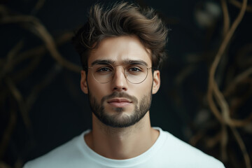 Fototapeta premium Young man with stylish glasses poses thoughtfully against a dark background