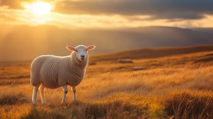 Obraz premium close up sheep with thick wool coats, grazing peacefully on a sunlit meadow