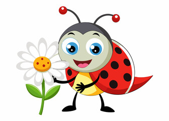 Cartoon Anthropomorphic Ladybug Holding Daisy Flower with Cheerful Expression