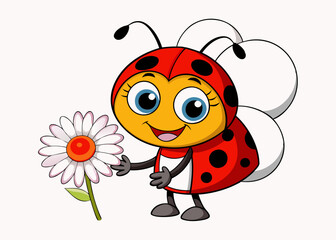 Cartoon Anthropomorphic Ladybug Holding Daisy Flower with Cheerful Expression