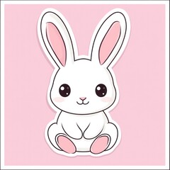 Obraz premium Cute white bunny sticker on pink background, springtime design, children's illustration