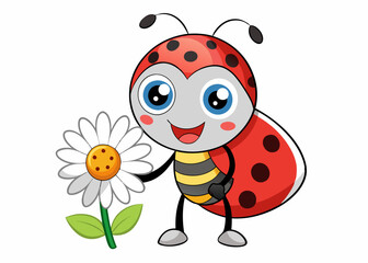 Cartoon Anthropomorphic Ladybug Holding Daisy Flower with Cheerful Expression