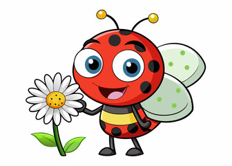Cartoon Anthropomorphic Ladybug Holding Daisy Flower with Cheerful Expression