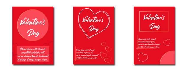 Set of red Valentine's Day cards with hearts, romantic greeting design, vector illustration.