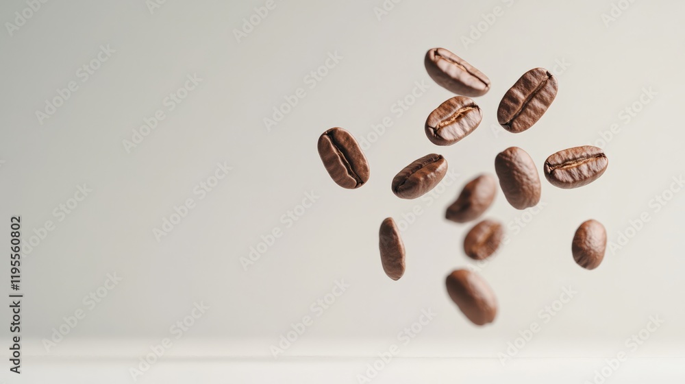 Poster Roasted coffee beans levitating on a minimalist background creating a dynamic and energetic composition, ideal for advertising or promoting coffee products