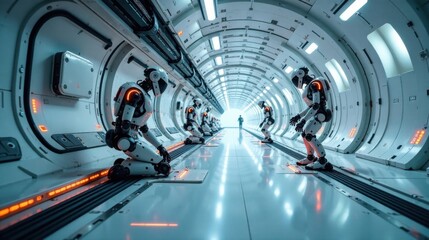 Obraz premium Futuristic Corridor Awaiting Activation Sequence, Humanoid Robots Kneel in Silent Anticipation of an Imminent Command