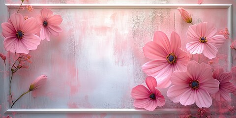 A beautiful floral arrangement with pink roses and a blank frame on a pastel background, ideal for Valentine's Day, Mother's Day, or wedding invitations.
