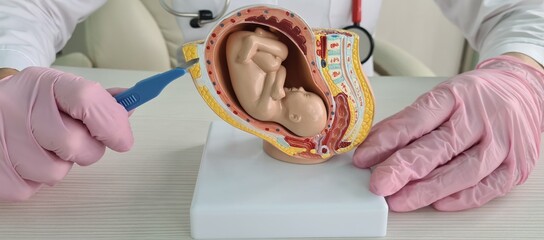 Gynecologist doctor holds scalpel and abortion anatomy of fetus of child