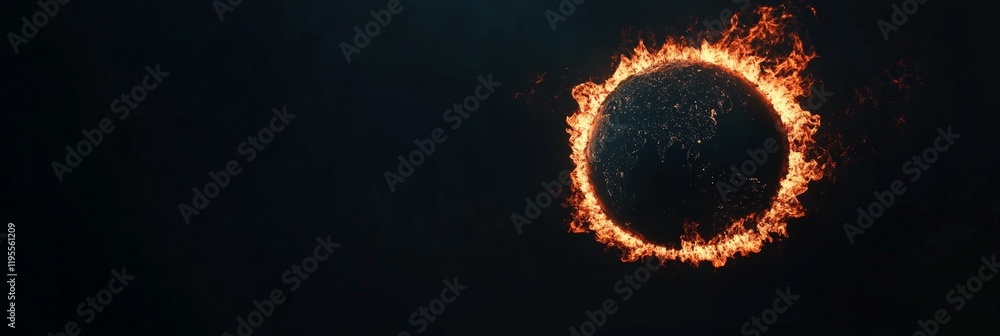 Poster planet earth burning surrounded by a ring of fire in the space, a powerful visual metaphor represent