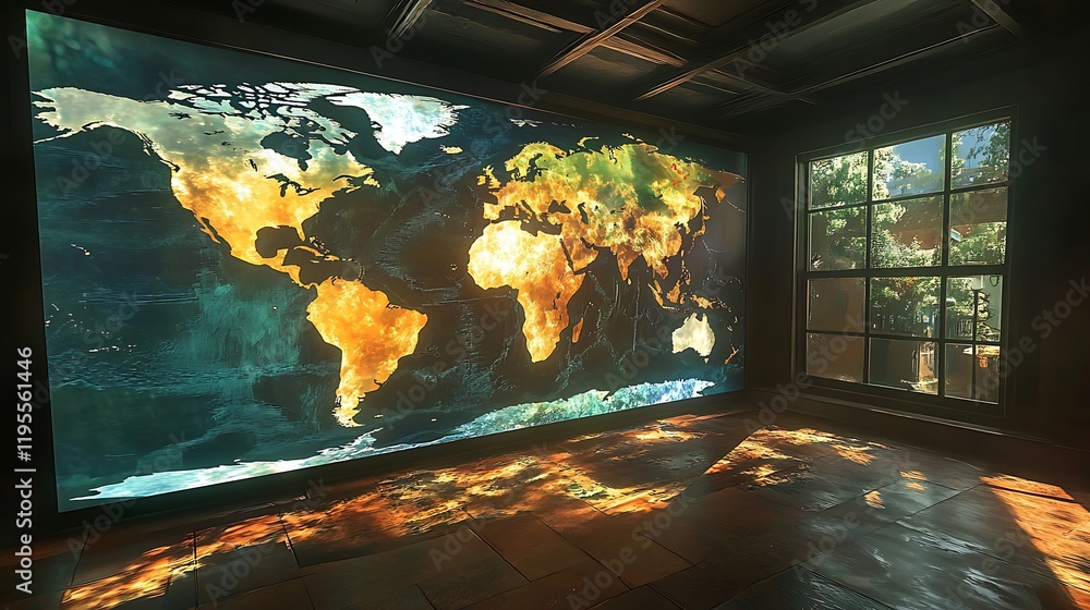 Poster a holographic world map showing different weather systems in real-time