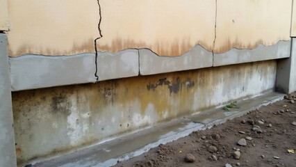 Foundation with cracks, water damage, mold growth, and erosion signs from exposure to moisture and time.
