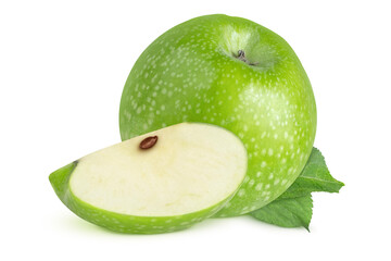 Green apple on isolated white background. Slice and whole apple with leaves
