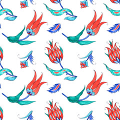 Turkish tulip flowers and leaves, fantasy decor element. Seamless pattern of watercolor illustrations in oriental style. For design, souvenirs, printing, textiles, wallpaper