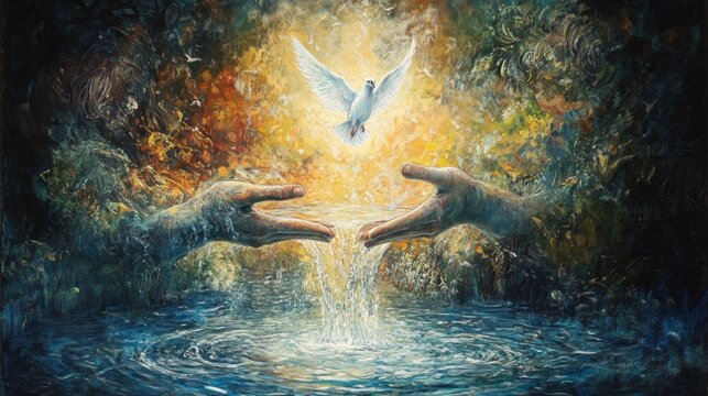 Hands reaching towards a dove above a flowing stream, symbolizing peace and hope in a vibrant setting