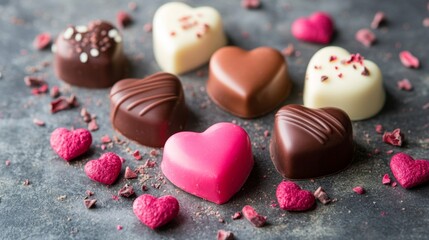 Assorted heart-shaped chocolates arranged on a dark surface with crushed toppings