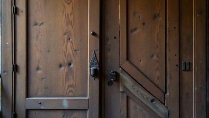 Obraz premium Old wooden door with scratches, dents, warped sections, and worn finish showing signs of aging and wear. 