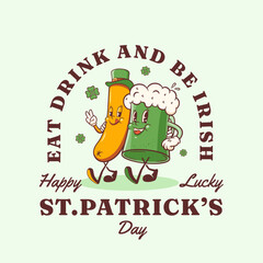 Saint Patrick Day Groovy Beer Tankard Retro Characters Label. Cartoon Green Ale Mug and Sausage in Hat Walking. Vector Irish Spring Holiday Mascot Template. Happy Vintage Cool Illustration. Isolated