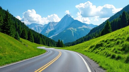 Naklejka premium Asphalt Ribbon Unwinding Through Verdant Hills and Majestic Mountain Peaks Under a Bright Sunny Sky
