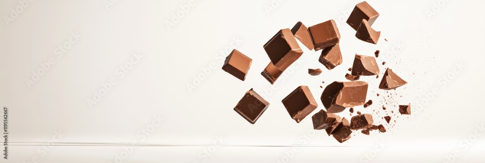 Poster Pieces of milk chocolate bar exploding into chunks, creating crumbs and small particles suspended in the air against a minimal off white background, evoke a sense of indulgence