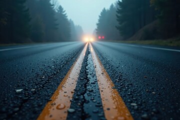 A Misty Morning Drive on a Deserted Asphalt Road with Yellow Lines