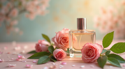 Delicate rose floral perfume and leaves on elegant background