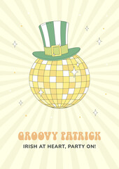 Green leprechaun hat on a sparkling mirror disco ball. St. Patrick's Day greeting card, poster, party invitation. Retro 70s 80s style.