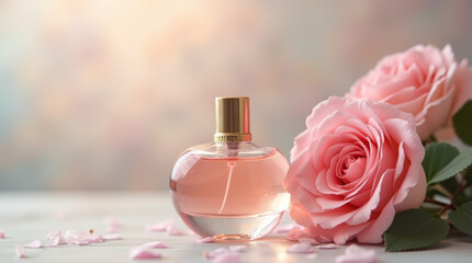 Delicate rose floral perfume and leaves on elegant background