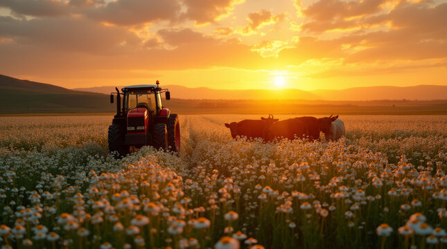 Daisy field at sunset with red tractor and grazing cattle