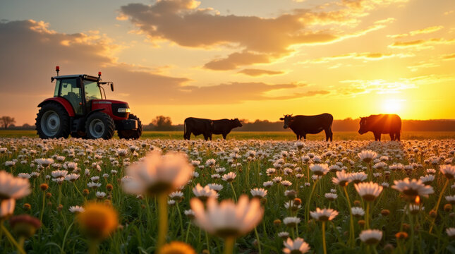 Daisy field at sunset with red tractor and grazing cattle