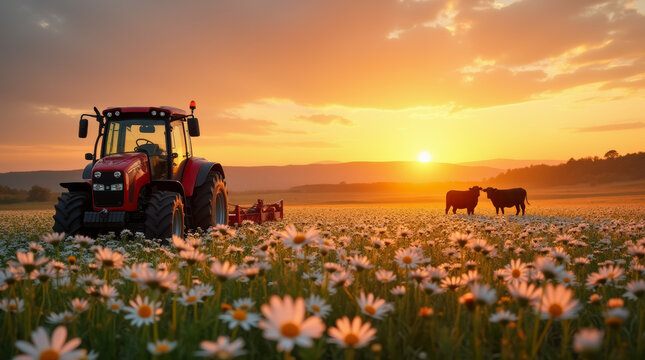 Daisy field at sunset with red tractor and grazing cattle