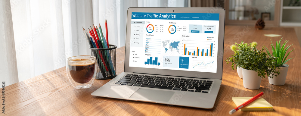Poster computer software for website traffic analytics data on computer screen. concept of seo search engin