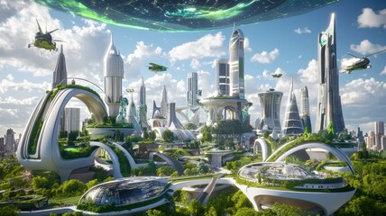 futuristic cityscape and digital concept. Futuristic cityscape with green technology, flying vehicles, and lush greenery under a vibrant sky.