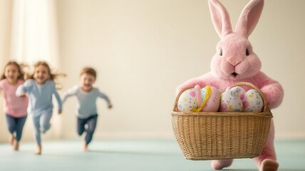 A dynamic image of kids racing alongside a pink bunny carrying an oversized Easter basket