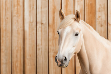 Beautiful light-colored horse standing in front of wooden barn walls in daylight