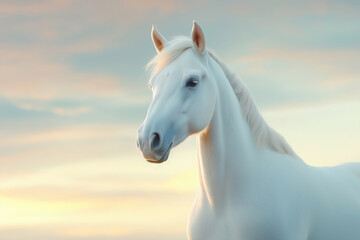 Obraz premium Majestic white horse standing elegantly against a colorful sunset backdrop