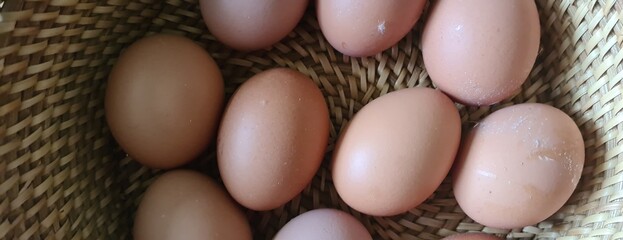 Chicken eggs in basket. Easter dinner with chicken eggs in brown baskets