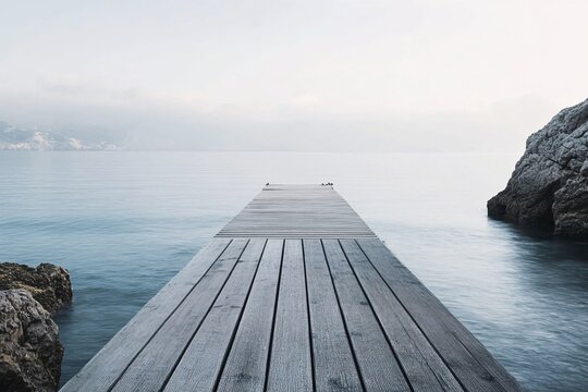 Wooden pier stretching into the calm sea on a misty morning - Powered by Adobe
