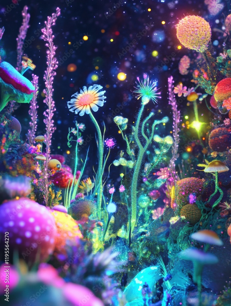 Leinwandbilder exploring a magical microscopic ecosystem filled with vibrant microbes and colorful flora at night. 