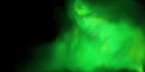 Realistic texture of fantastic smoke background. Green fog with glitter and shimmering glowing particles. Starry neon magic dust.