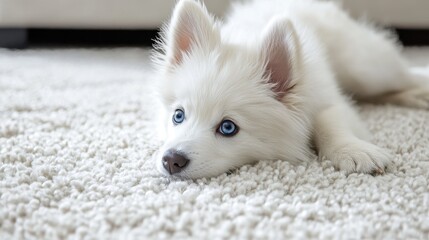 Adorable fluffy white puppy relaxing on soft carpet with blue eyes