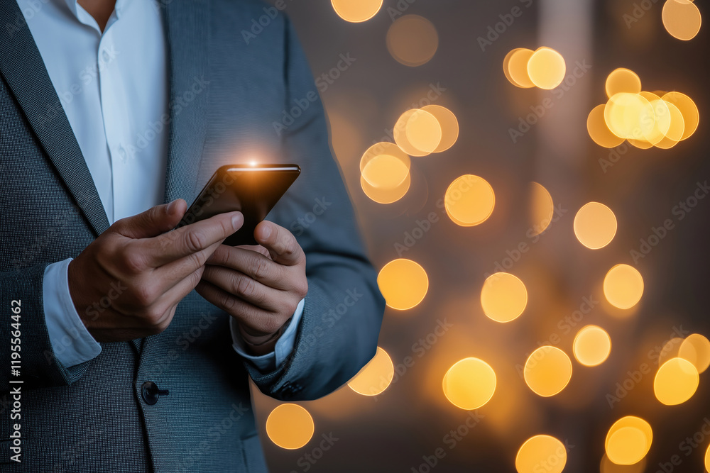 Poster professional man using smartphone with blurred lights in background at evening event