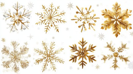 Golden snowflakes on white background with intricate patterns