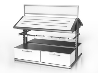 Mobile phone shop display counter with light box on top. 3d illustration on white background