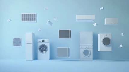 A group of kitchen appliances flying on a blue studio background.