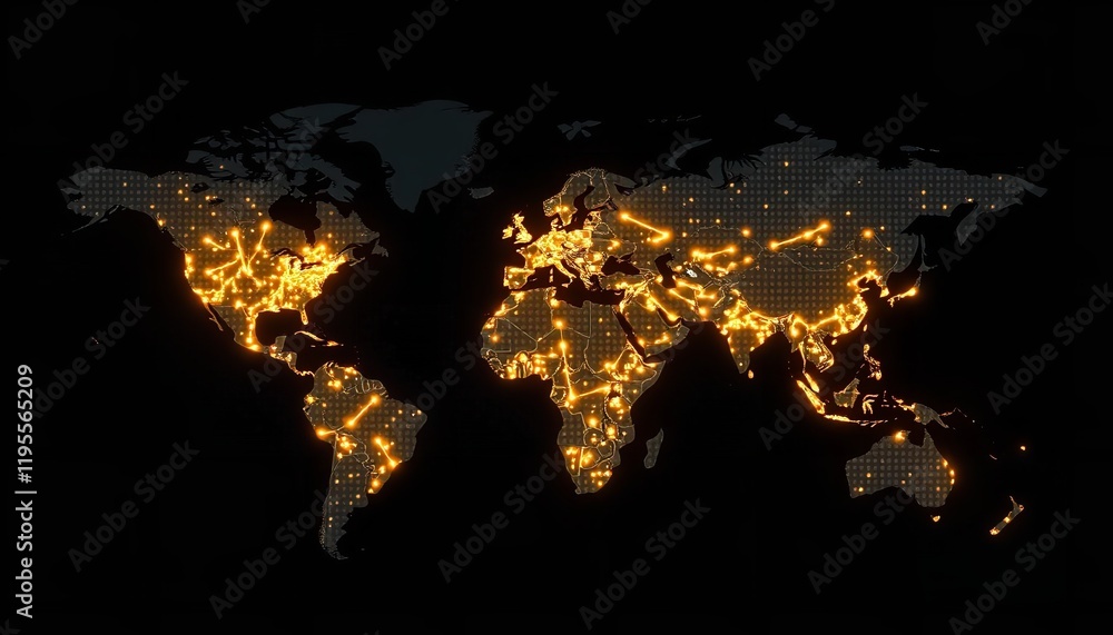 Aufkleber global network connections illuminated world map digital art golden lines abstract background techno