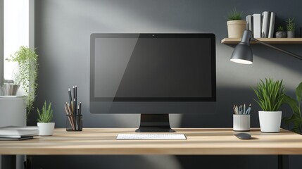 clean desktop computer screen mockup, shown front-facing, on a minimalist desk