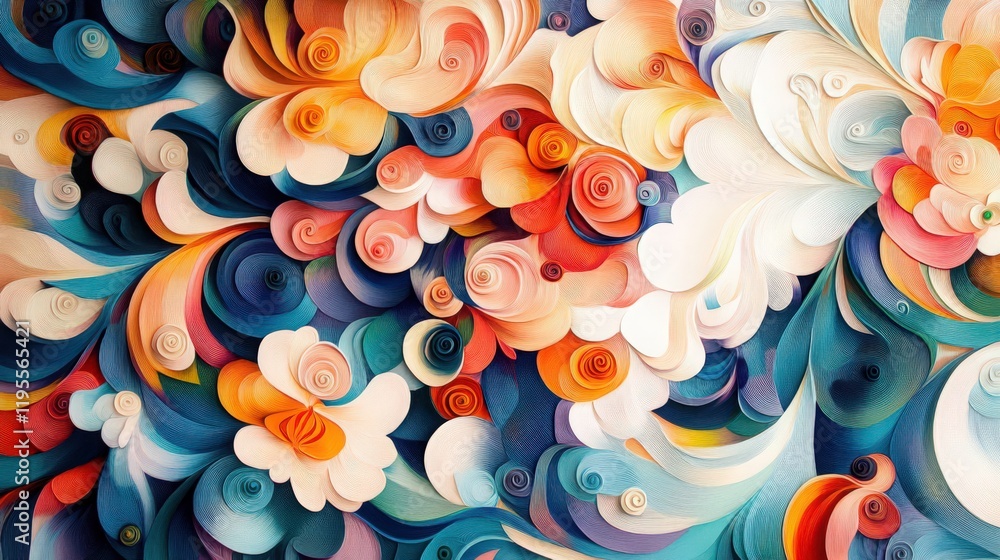 Poster abstract swirls of colorful paper art with intricate details and dynamic composition