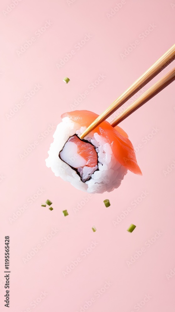 Poster wooden chopsticks are holding a levitating salmon sushi roll with rice and chives falling against a 