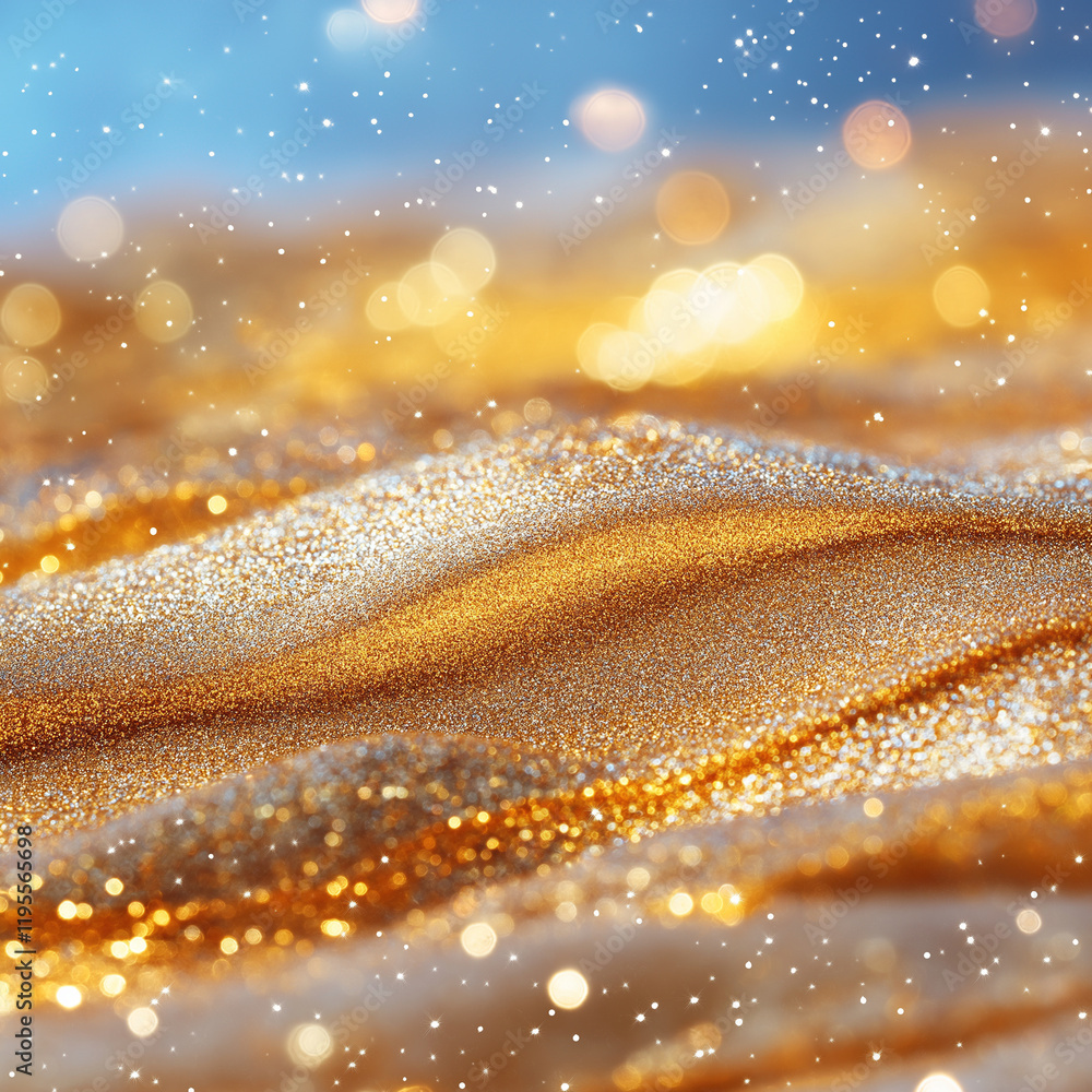 Poster shimmering golden waves with sparkling bokeh effect