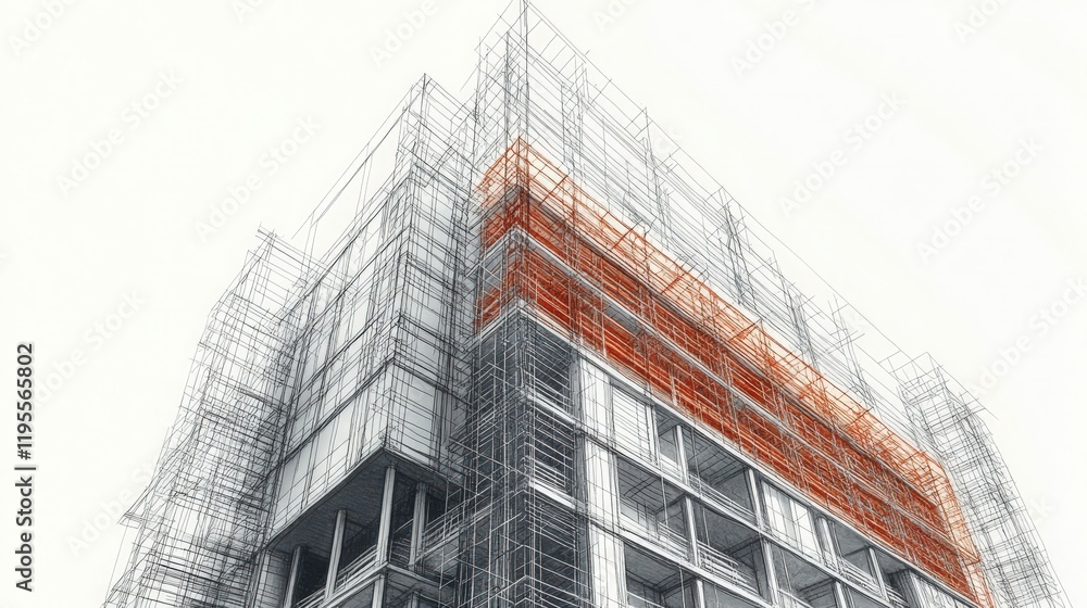 Poster architectural blueprint of a building with red scaffolding against a white background